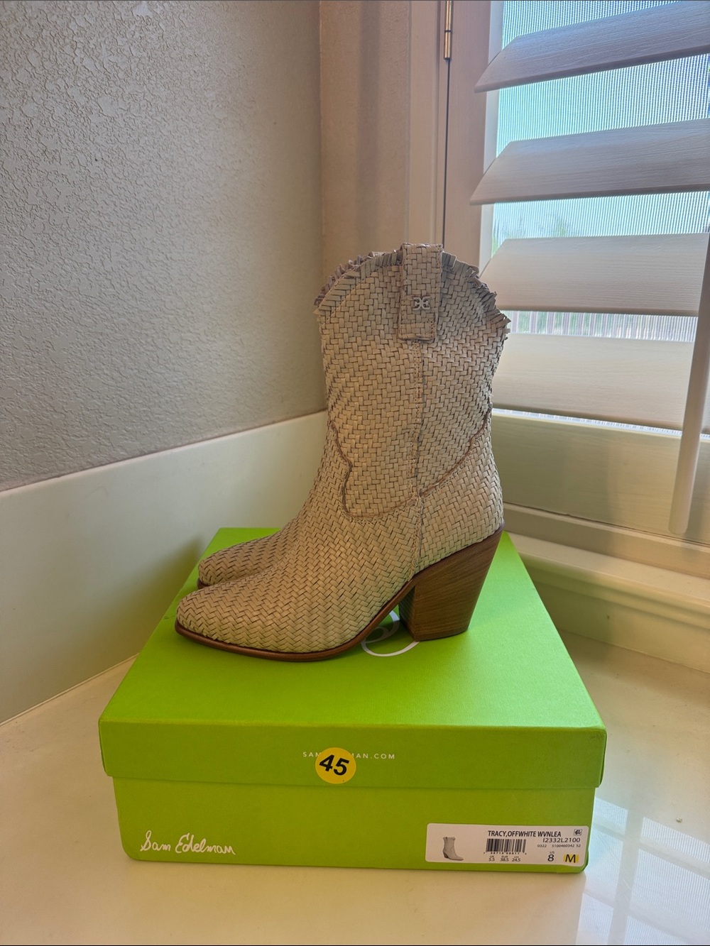 Sam Edelman Tracy Off White Woven Western Booties 8
